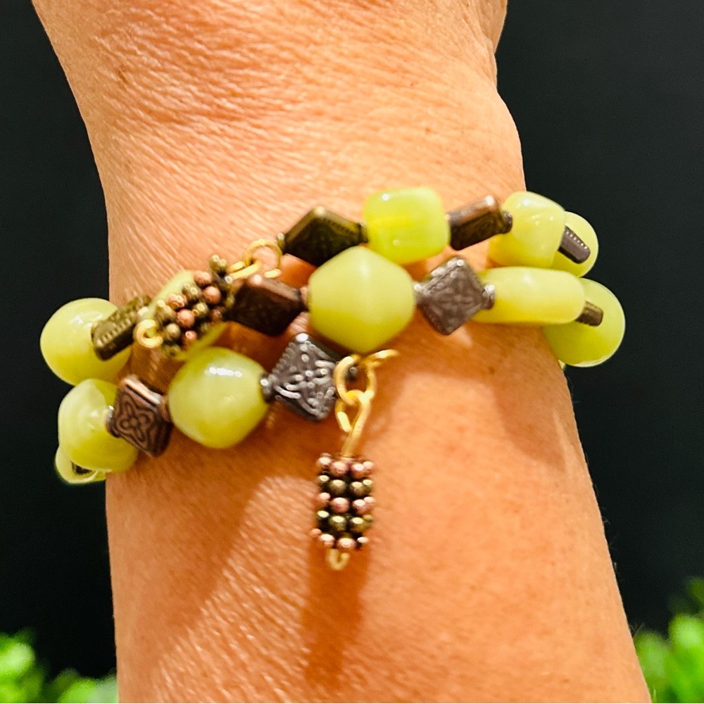 Handmade Green/Brown Bracelet. Gorgeous Handmade Charms. Made with Memory Wire.